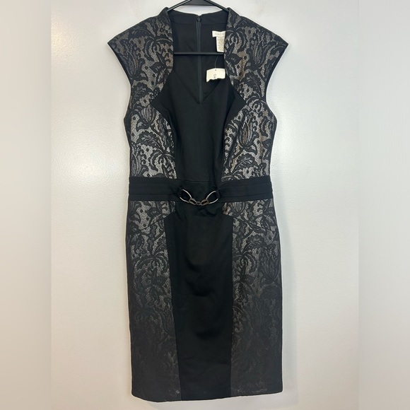 Cache Black/Silver Lace Cap Sleeve Sheath Cocktail Dress Size 10 - Picture 2 of 10